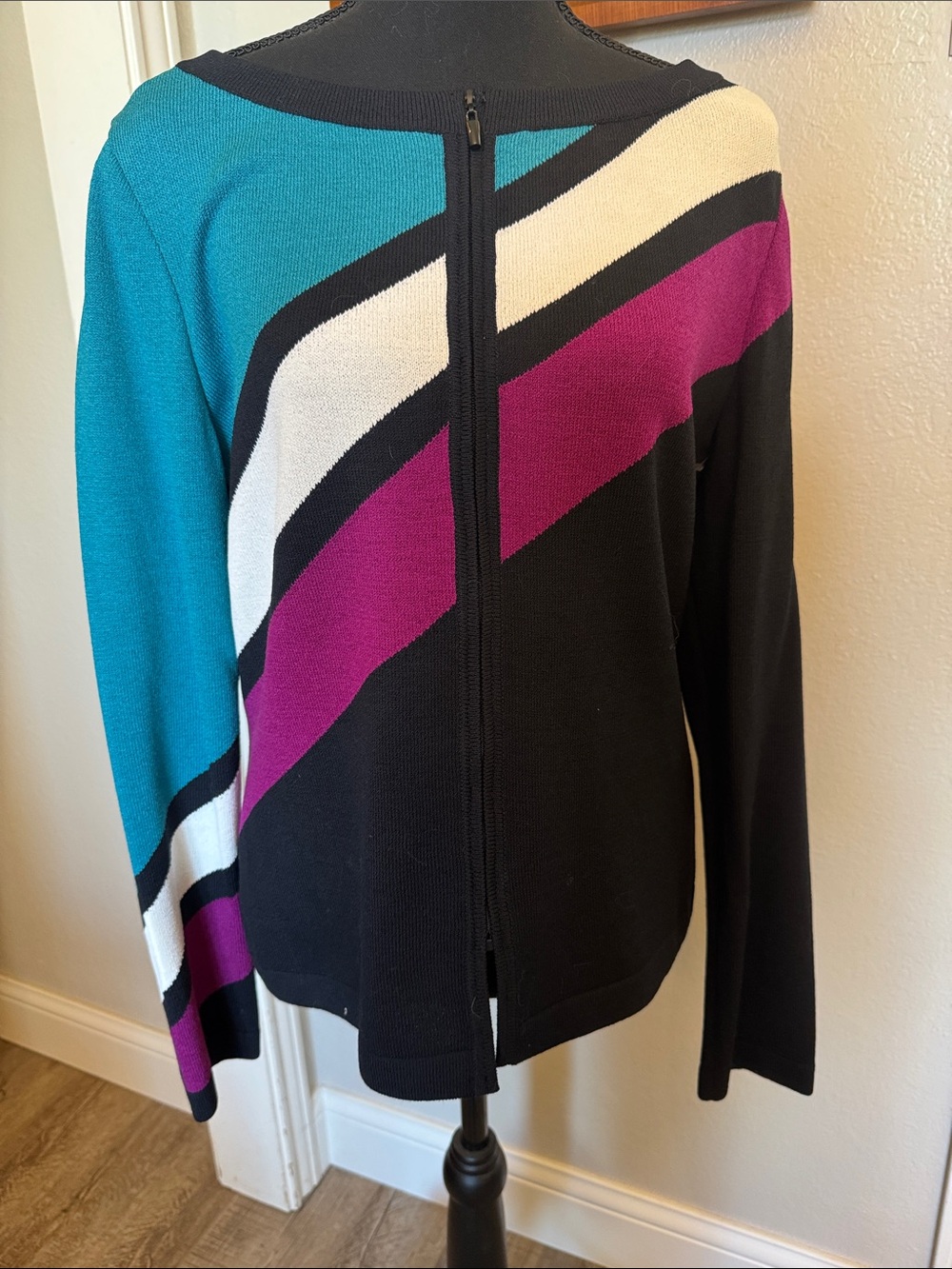 St. John Colorblock Zip Blazer in Teal, Magenta, Black & White
